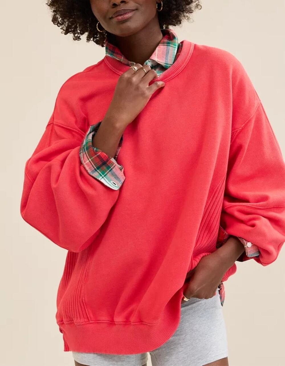NWT Aerie Oversized Crewneck Sweatshirt - Ribbed Side Panels, Red